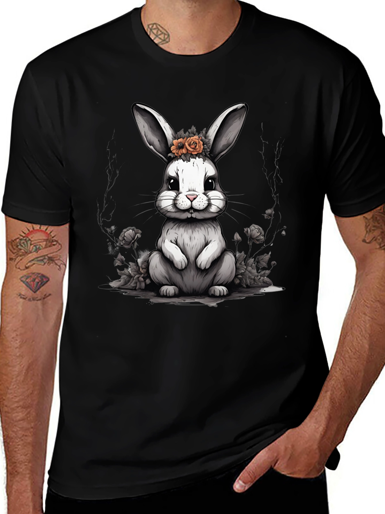 Cute Bunny Floral Crown Black T-Shirt
