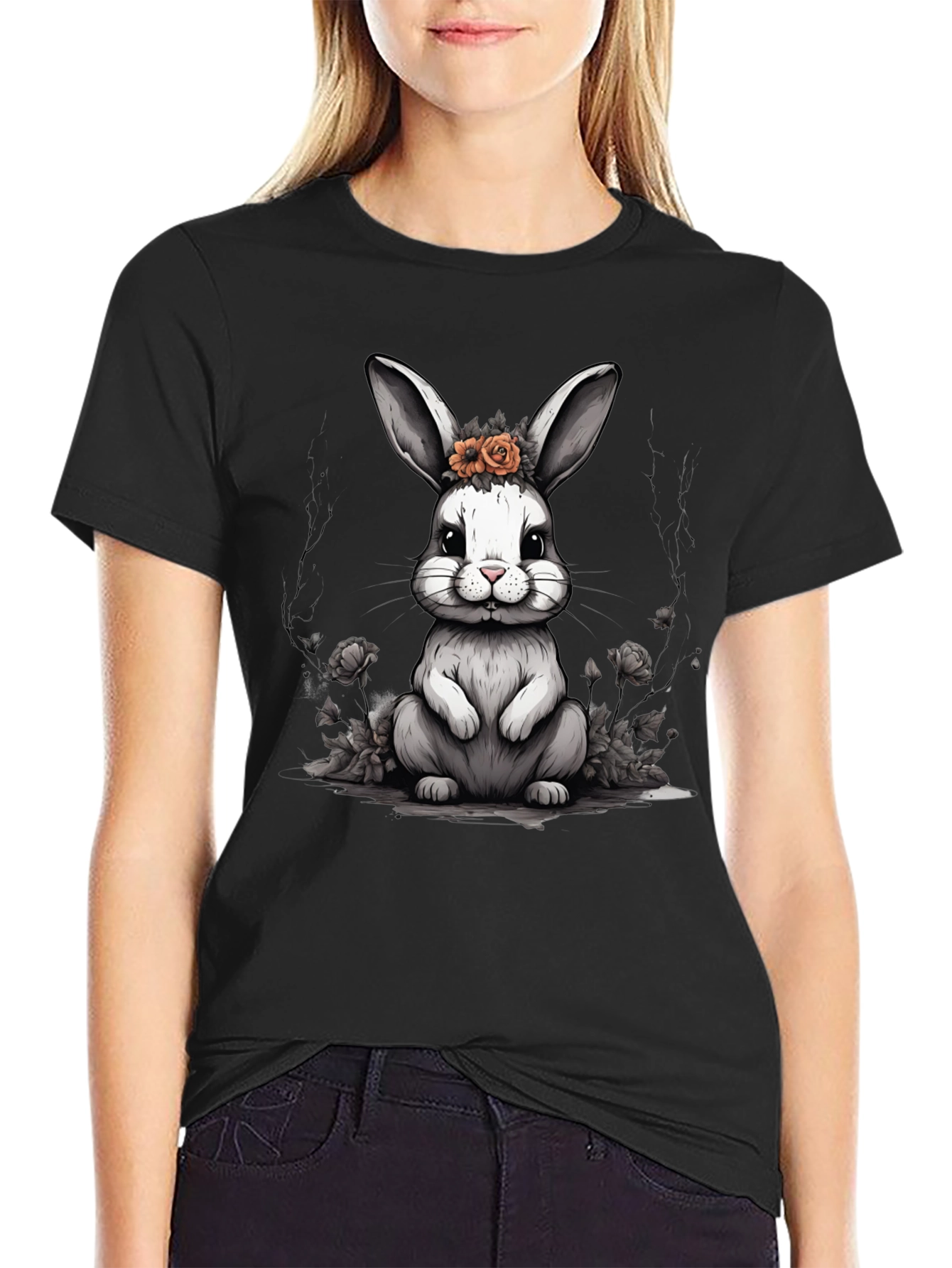 Cute Bunny Floral Crown Black T-Shirt