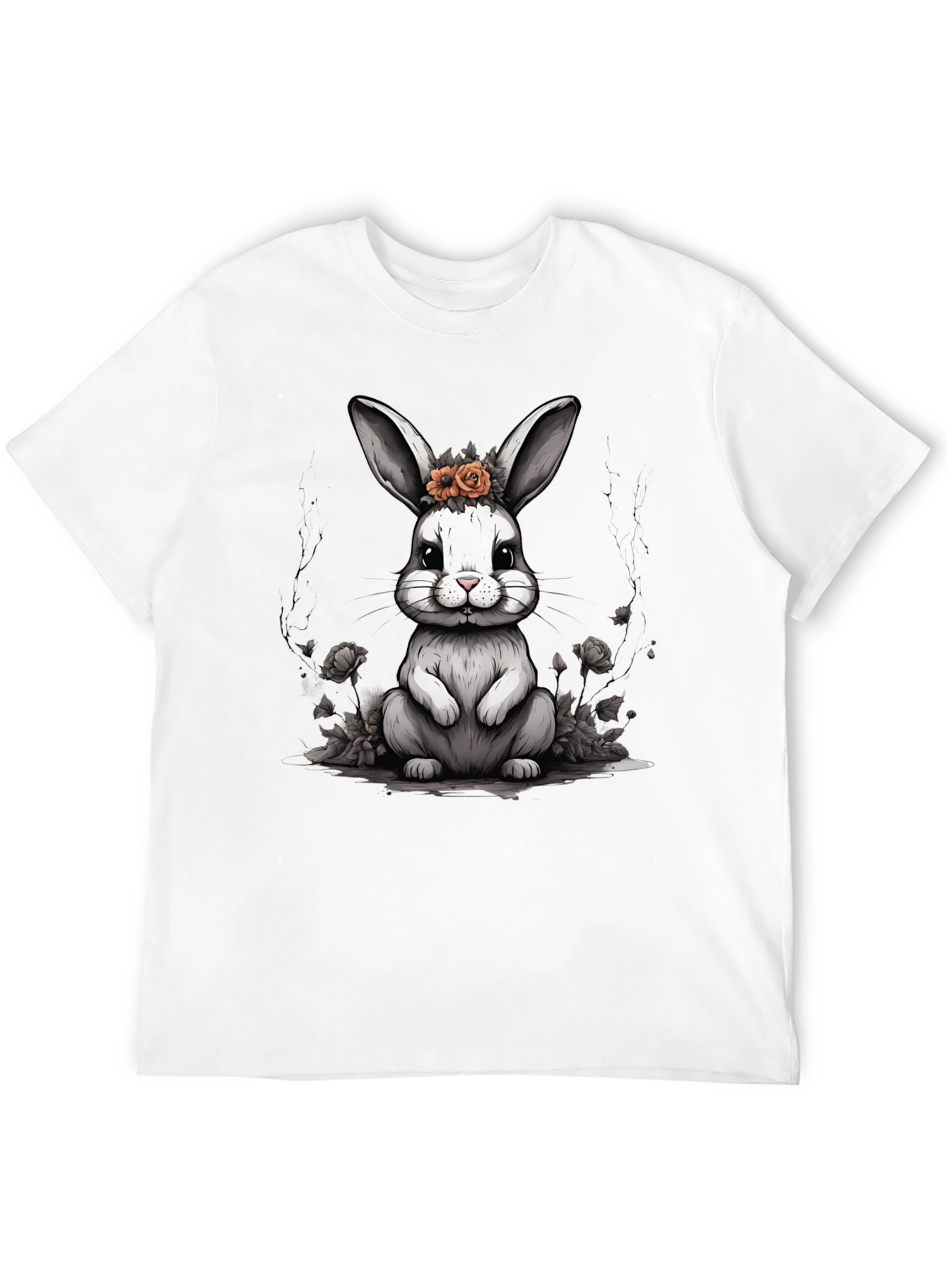 Cute Bunny Floral Crown Black T-Shirt