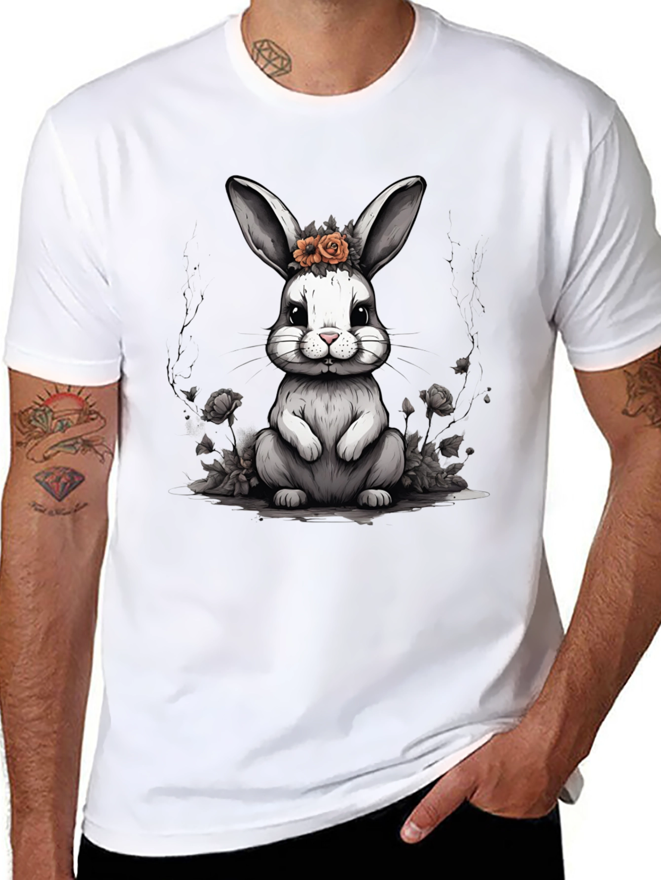 Cute Bunny Floral Crown Black T-Shirt