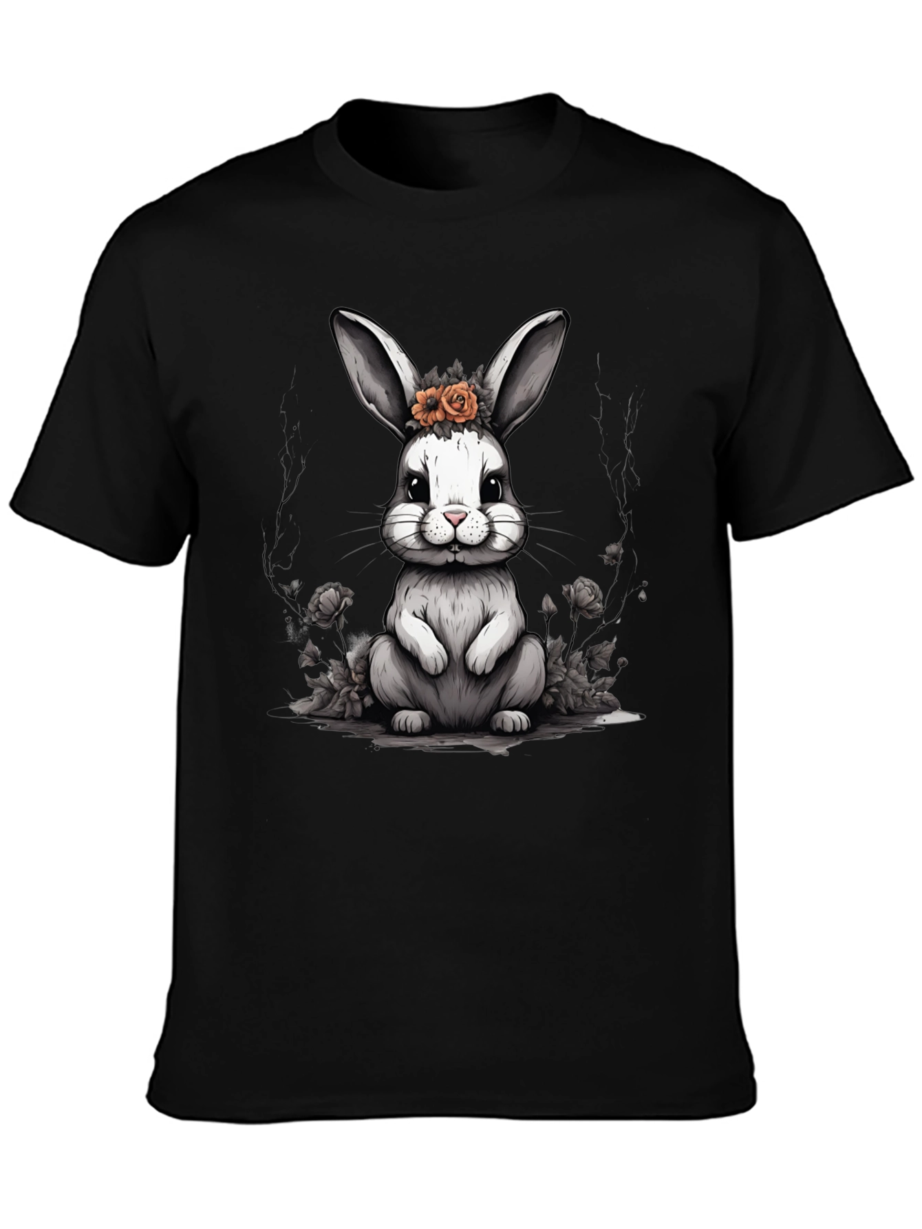 Cute Bunny Floral Crown Black T-Shirt