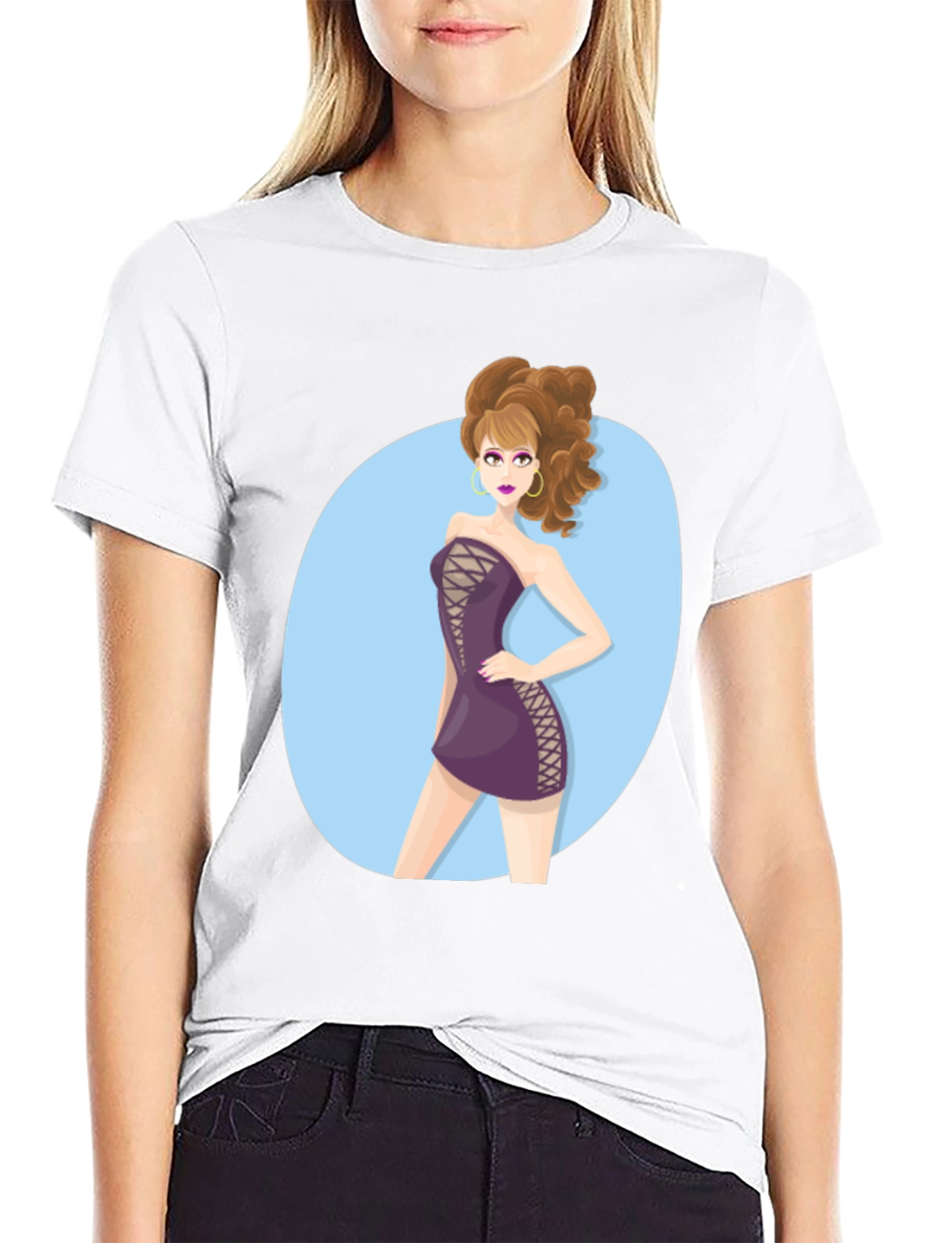 Cartoon Woman Graphic Black Tee Shirt