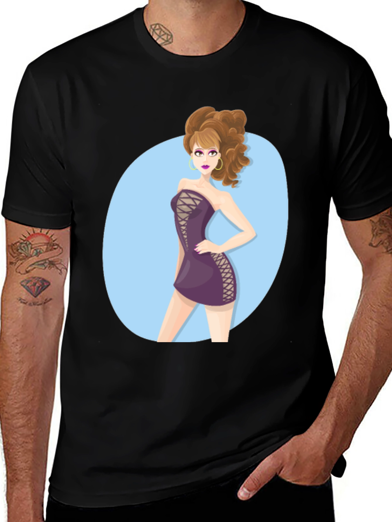 Cartoon Woman Graphic Black Tee Shirt