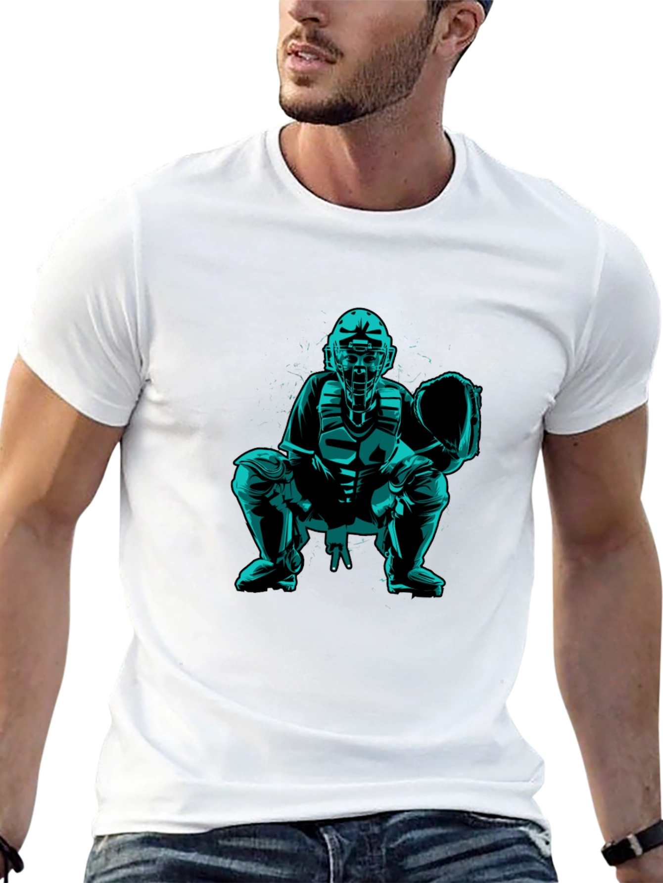 Baseball Catcher Graphic Tee - Black Cotton Shirt