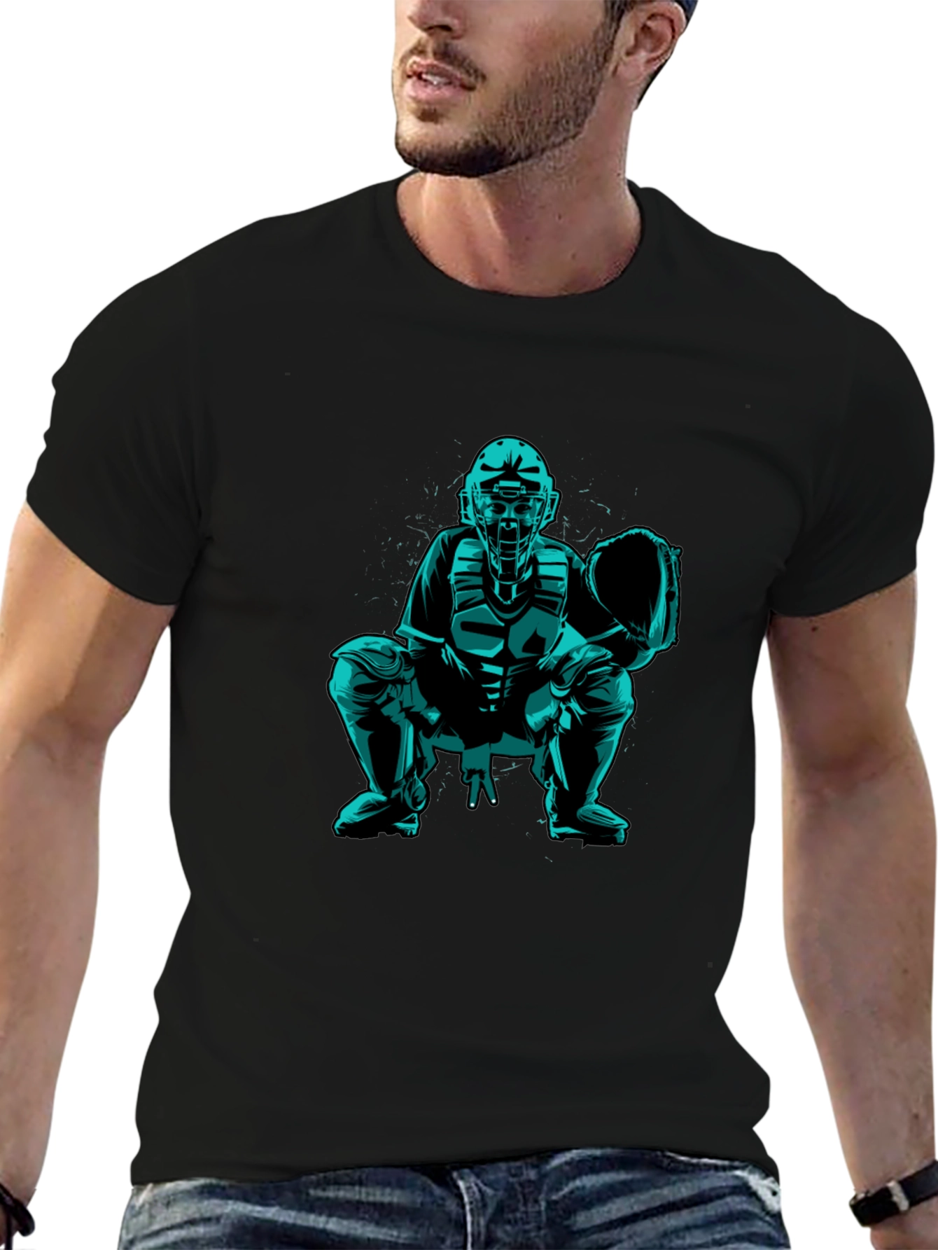 Baseball Catcher Graphic Tee - Black Cotton Shirt
