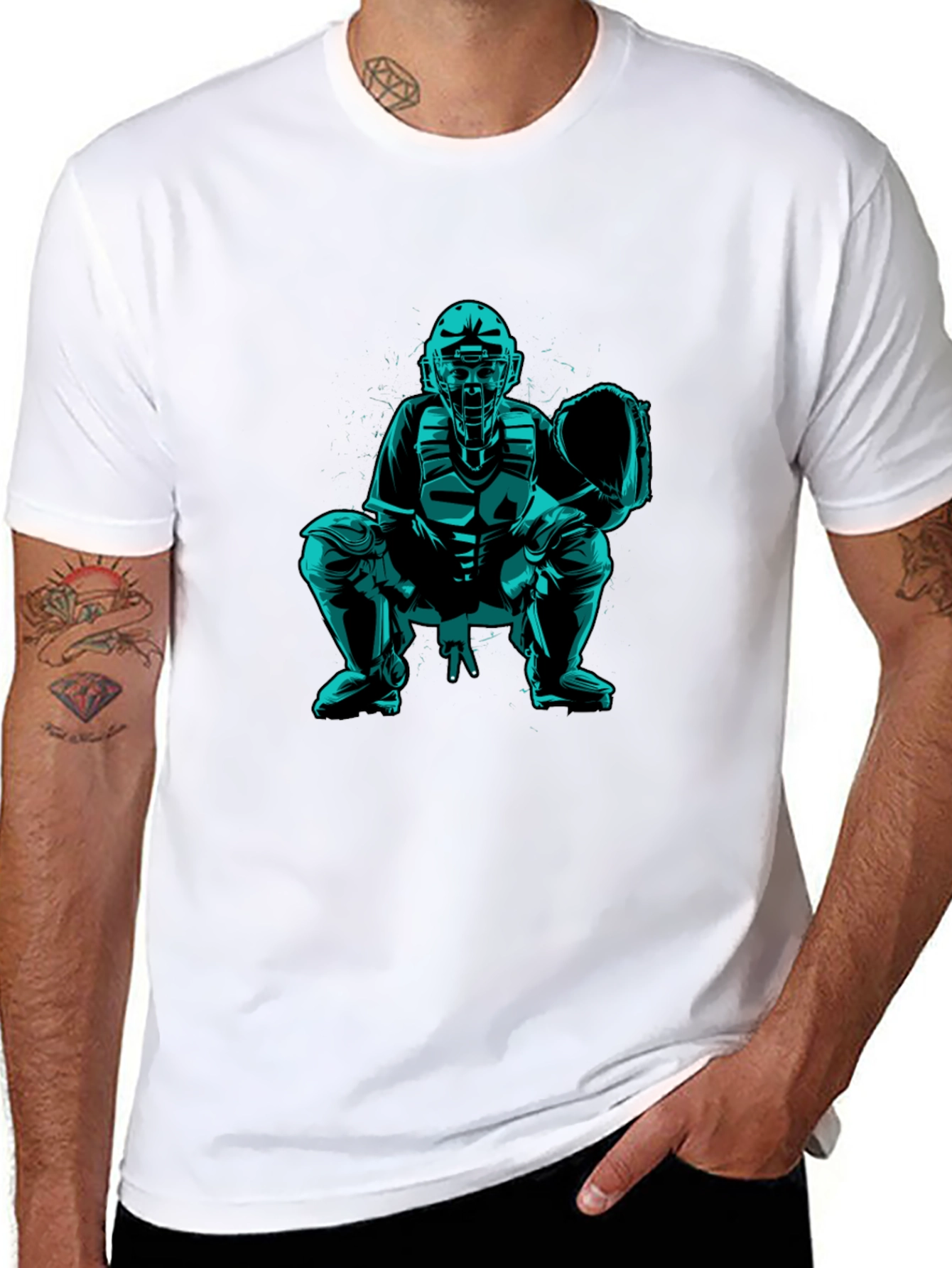 Baseball Catcher Graphic Tee - Black Cotton Shirt