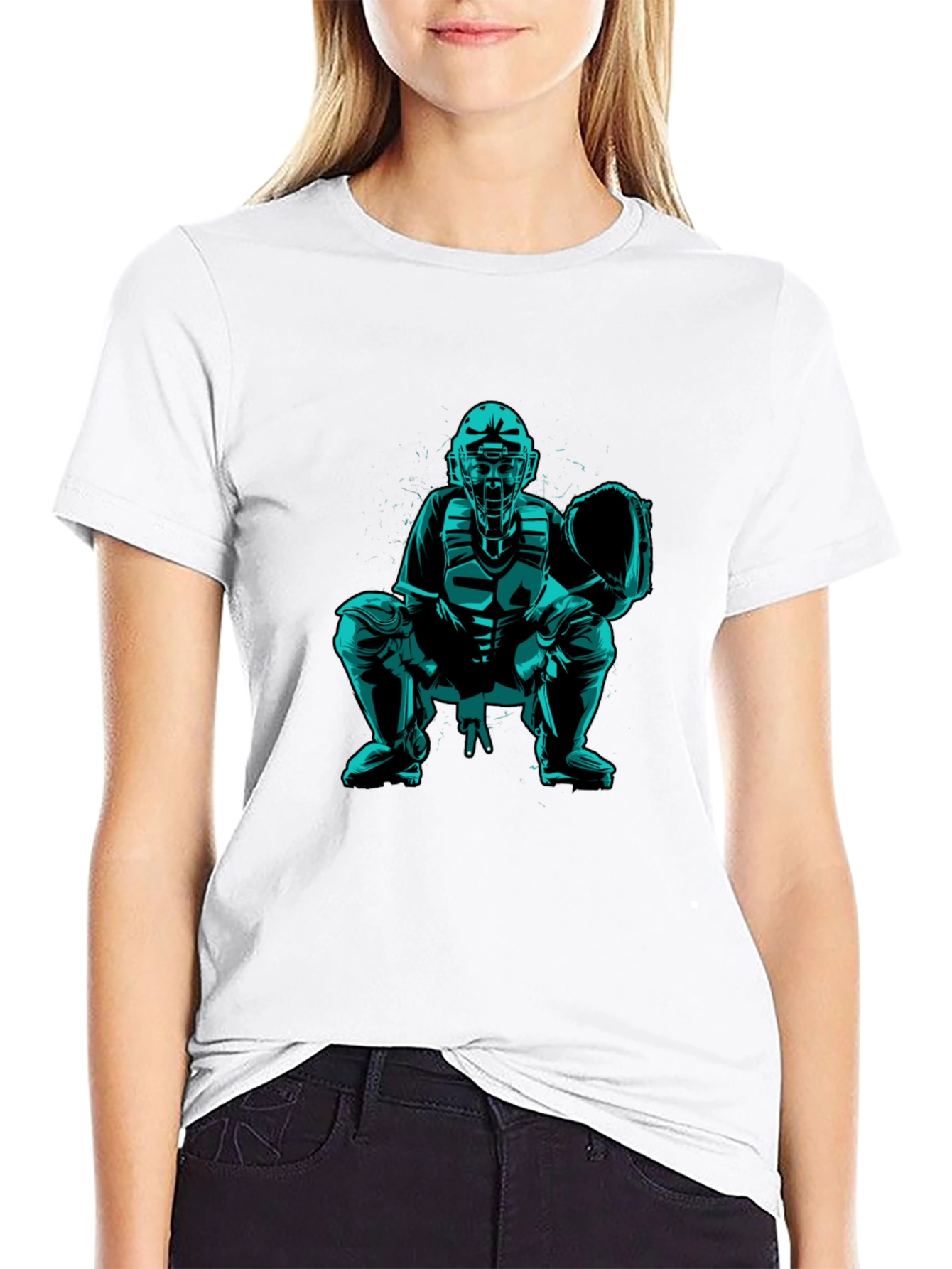 Baseball Catcher Graphic Tee - Black Cotton Shirt