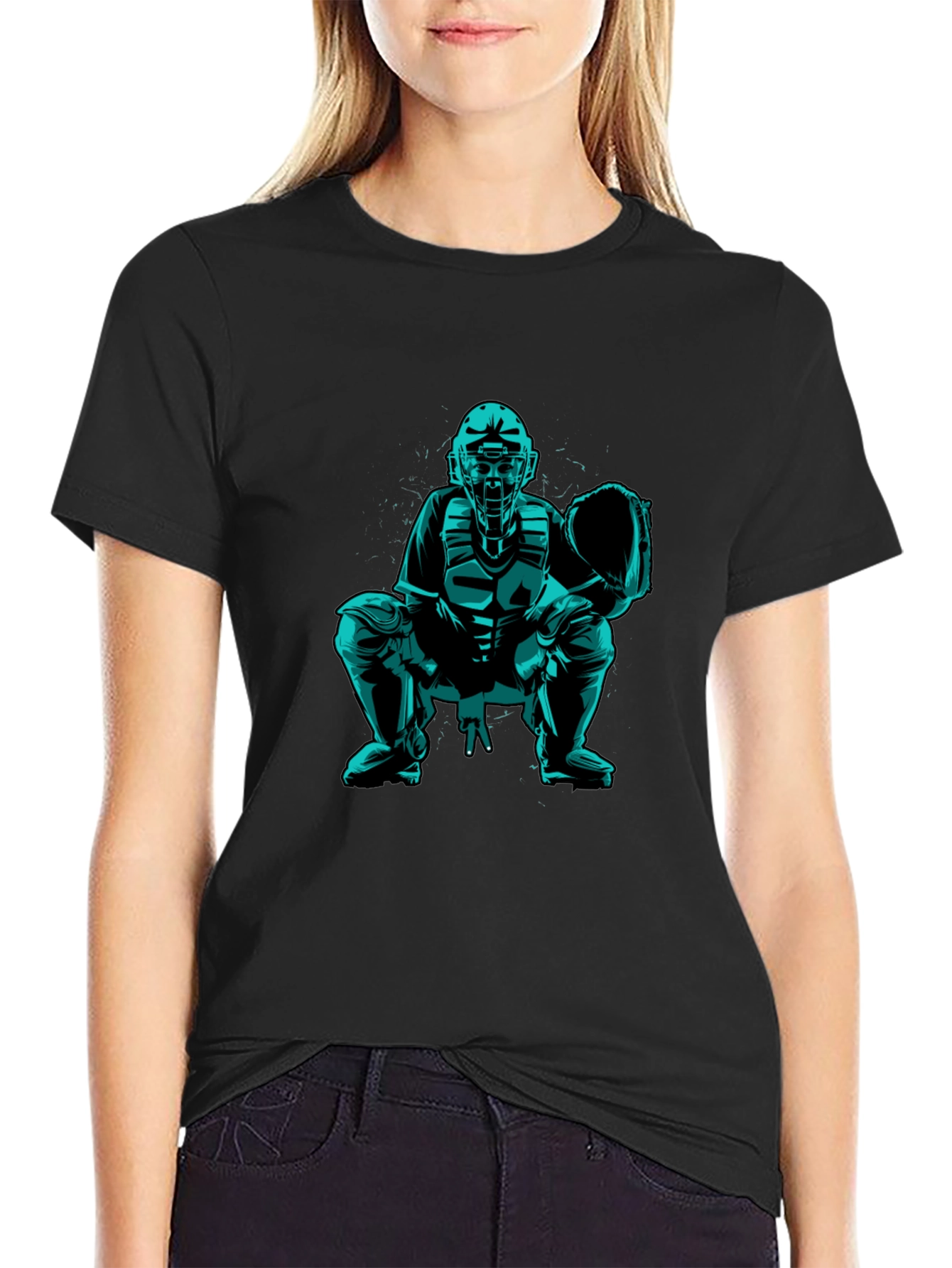 Baseball Catcher Graphic Tee - Black Cotton Shirt