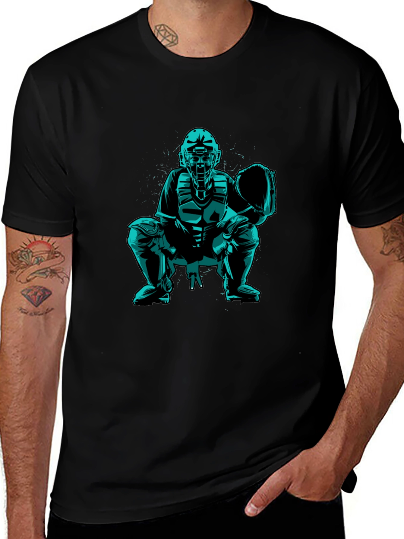 Baseball Catcher Graphic Tee - Black Cotton Shirt