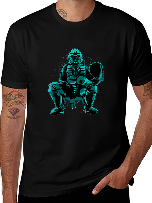 Baseball Catcher Graphic Tee - Black Cotton Shirt