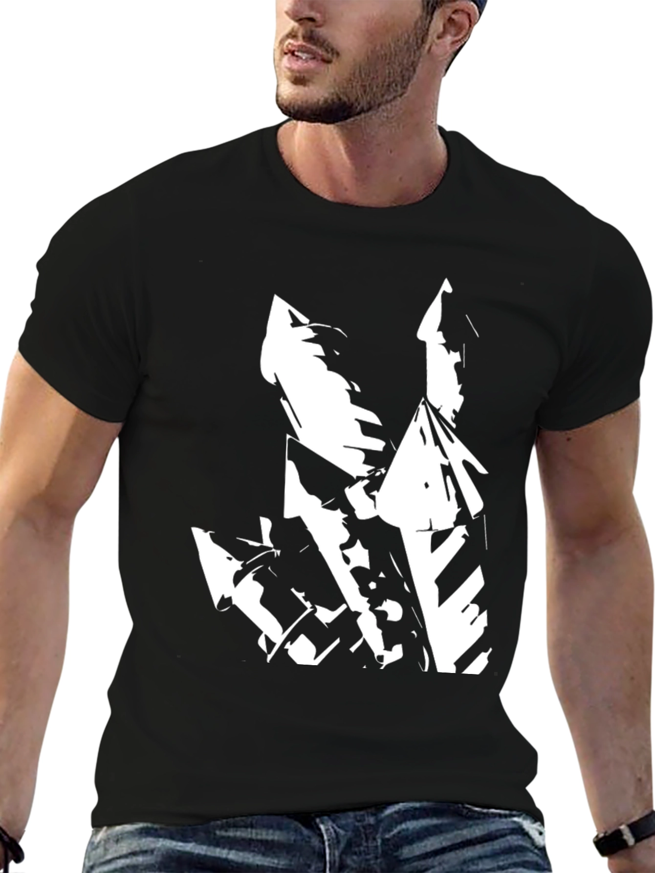 Abstract White Graphic on Black T-Shirt