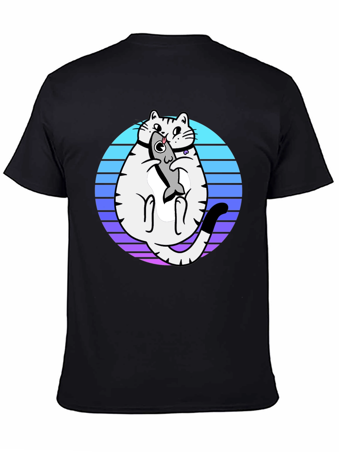 Cat Holding Fish Graphic T-Shirt - Black