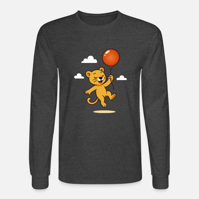 A happy lion with a balloon floats through the sky