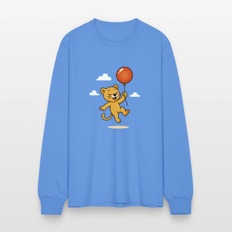 A happy lion with a balloon floats through the sky