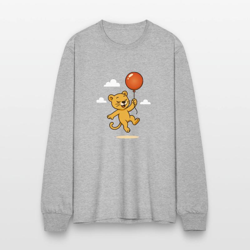 A happy lion with a balloon floats through the sky