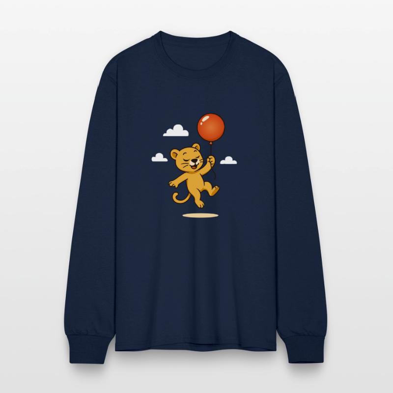 A happy lion with a balloon floats through the sky