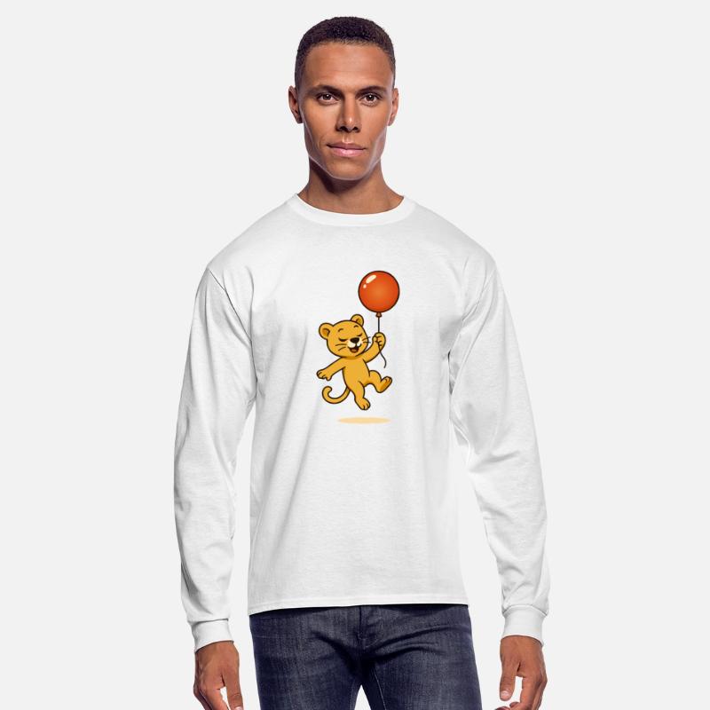 A happy lion with a balloon floats through the sky