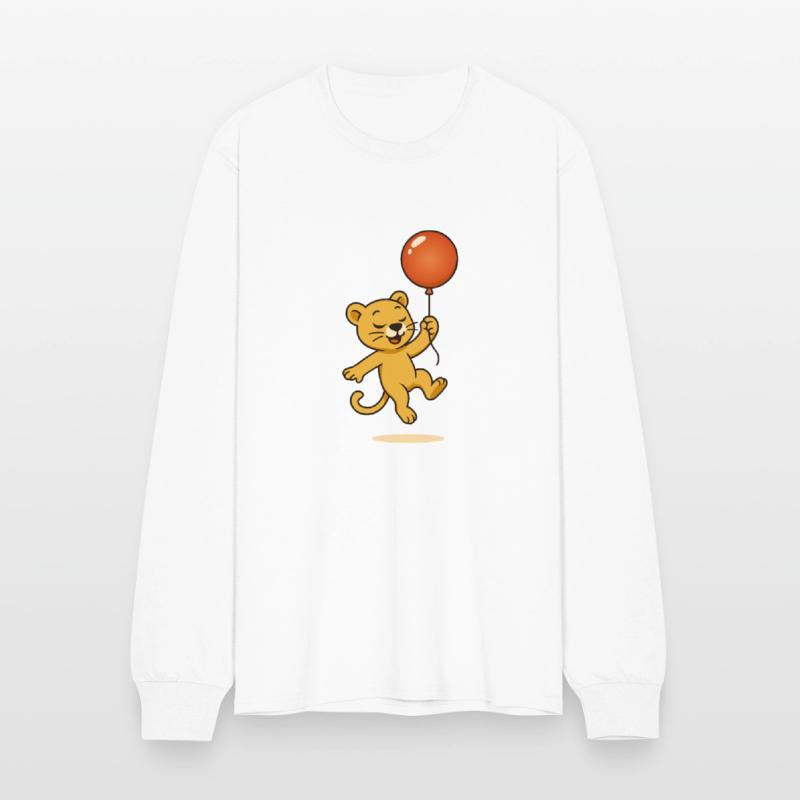 A happy lion with a balloon floats through the sky