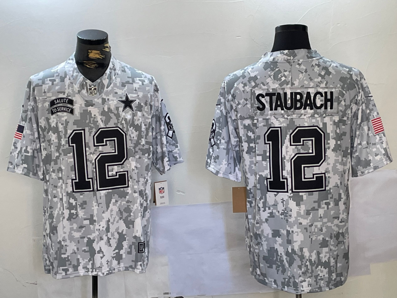 Men's Dallas Cowboys Roger Staubach #12 Arctic Camo 2024 Salute to Service Retired Player Limited Jerseys