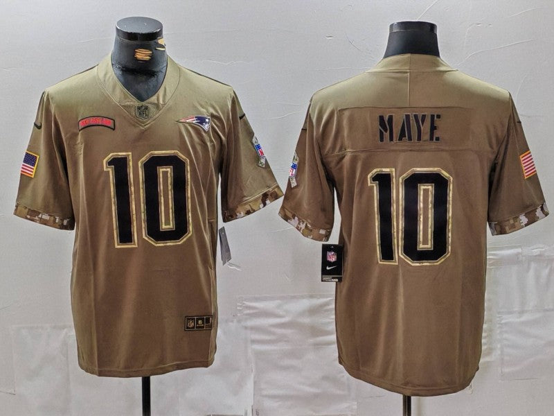 Men's New England Patriots Drake Maye #10 Olive 2022 Salute To Service Limited Jerseys