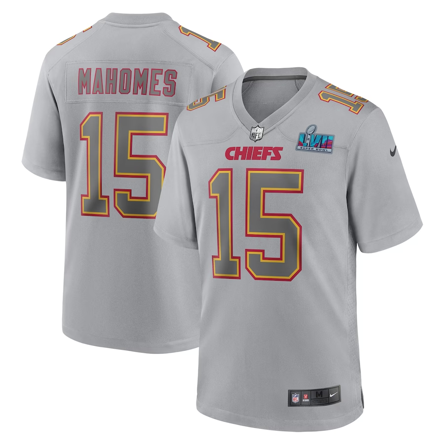 Men's Kansas City Chiefs Patrick Mahomes #15 Gray Super Bowl LVII Patch Atmosphere Fashion Game Jerseys