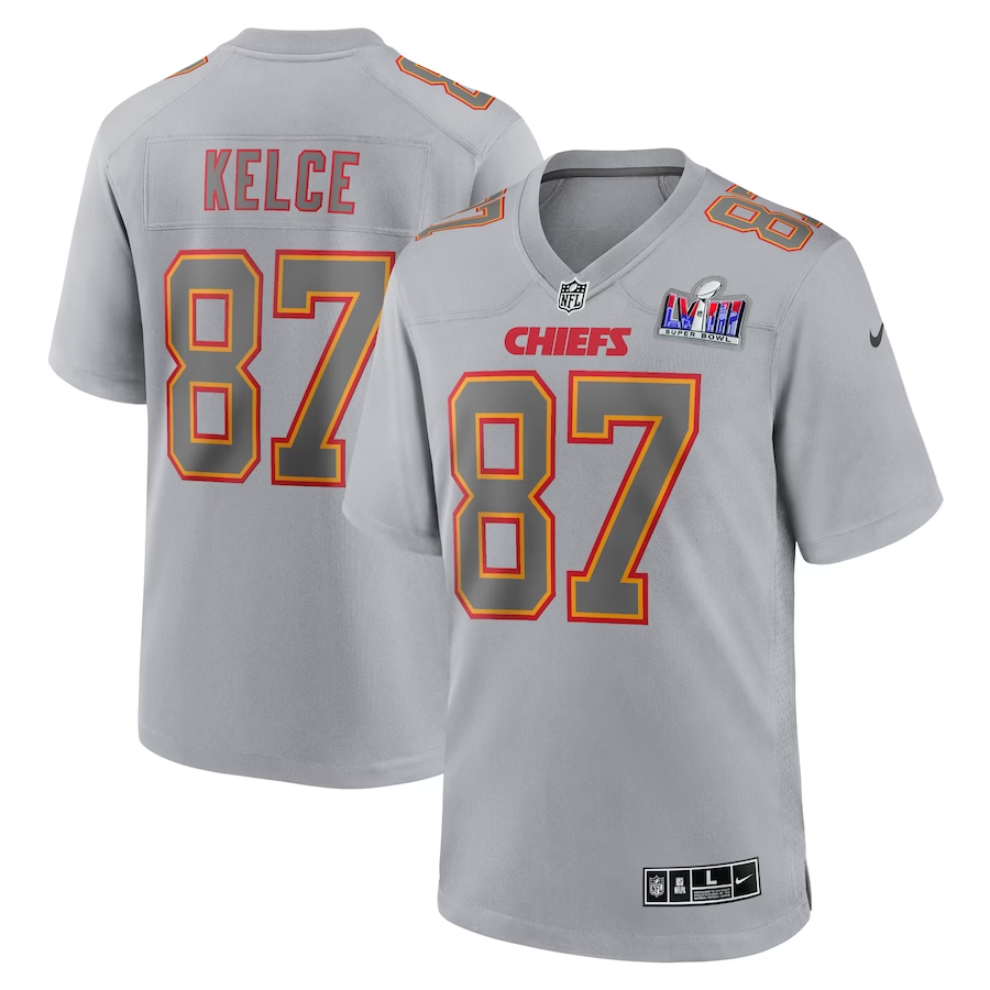 Men's Kansas City Chiefs Travis Kelce #87 Gray Super Bowl LVIII Atmosphere Fashion Game Jerseys