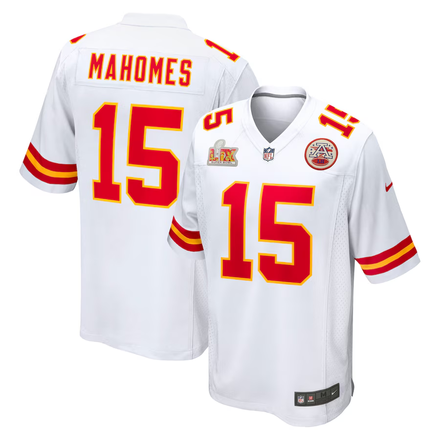 Men's Kansas City Chiefs Patrick Mahomes #15 White Super Bowl LIX Game Jerseys