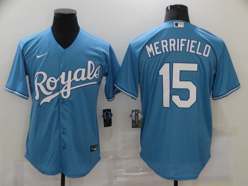 Men's Kansas City Royals Whit Merrifield #15 Blue Replica Baseball Jerseys