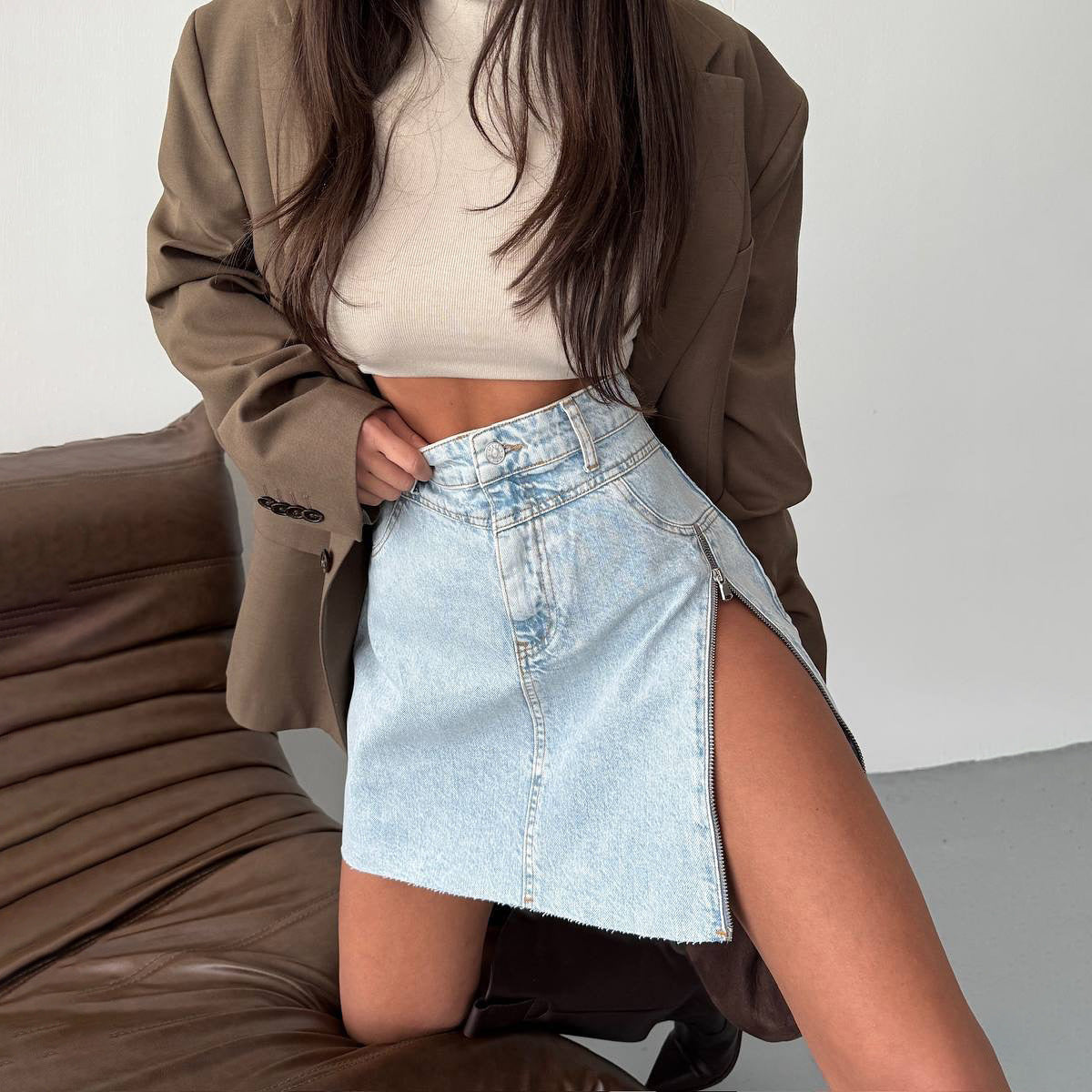 Cute Skirt Design Zipper Split Denim Skirt Women