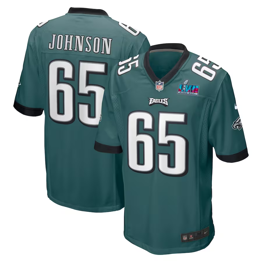 Men's Philadelphia Eagles Lane Johnson #65 Midnight Green Super Bowl LVII Patch Game Jerseys
