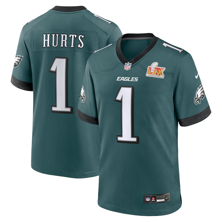 Men's Philadelphia Eagles Jalen Hurts #1 Midnight Green Super Bowl LIX Game Player Jerseys