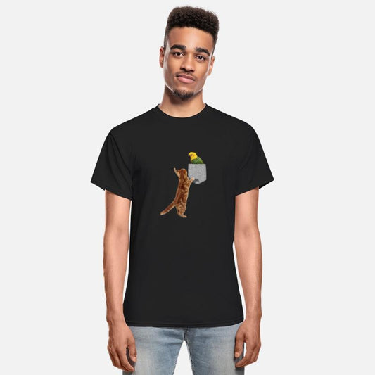 Cat Reaching For Parakeet In Fake Print-On Pocket