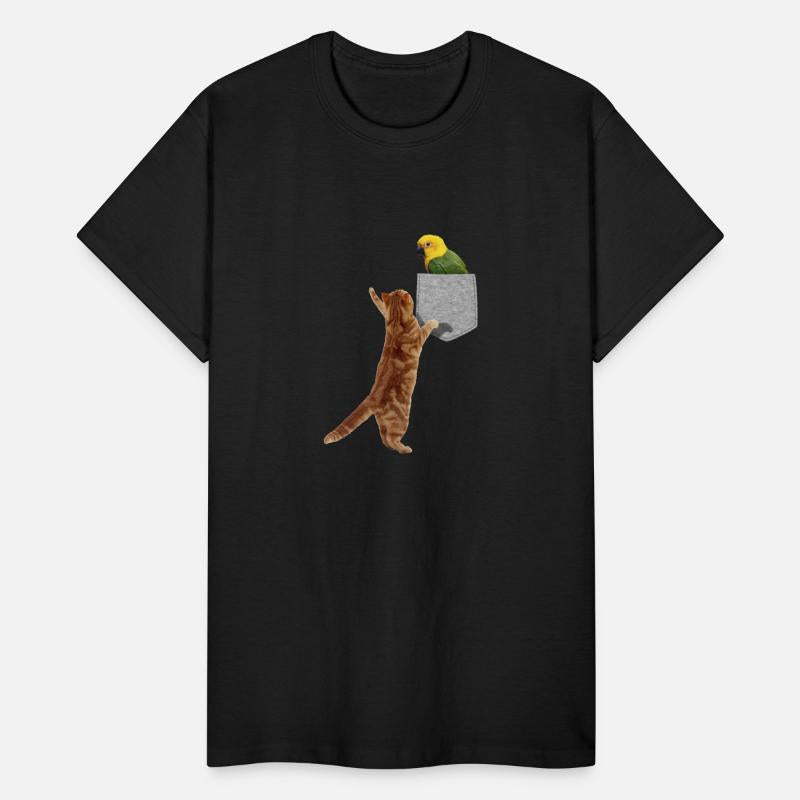 Cat Reaching For Parakeet In Fake Print-On Pocket