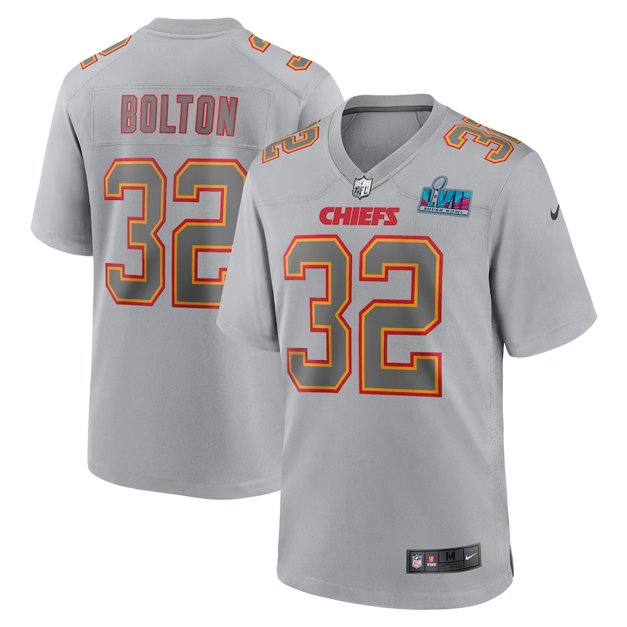 Men's Kansas City Chiefs #32 Bolton Nike Gray Super Bowl LVII Patch Atmosphere Fashion Game Jerseys