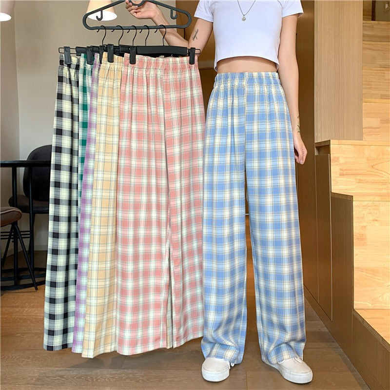 Stylish Pants Plaid Wide Leg Pants Women Casual Pants