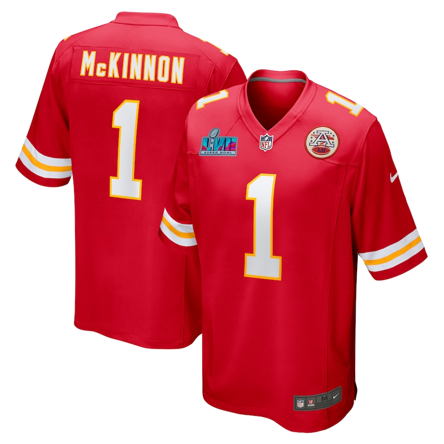 Men's Kansas City Chiefs Jerick McKinnon #1 Red Super Bowl LVII Patch Game Jerseys