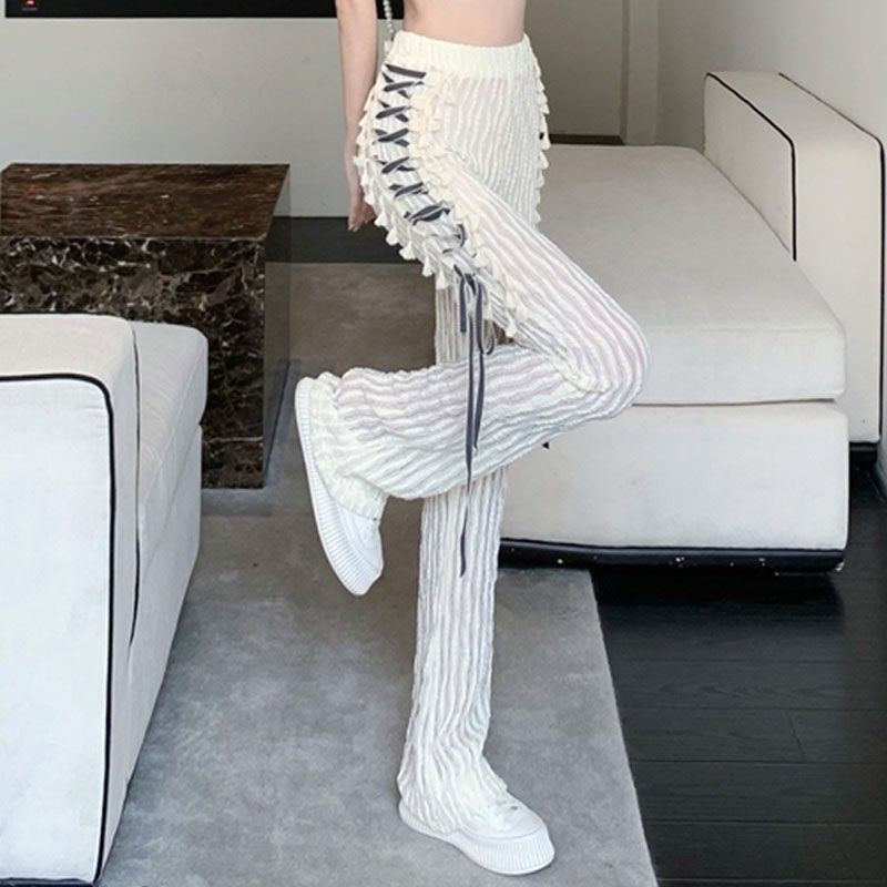 Classic Lace Pants Side Lace-up Micro Flare Pants For Women