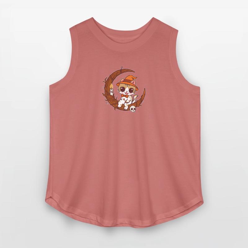 Halloween Witch Cat with Moon and Skull