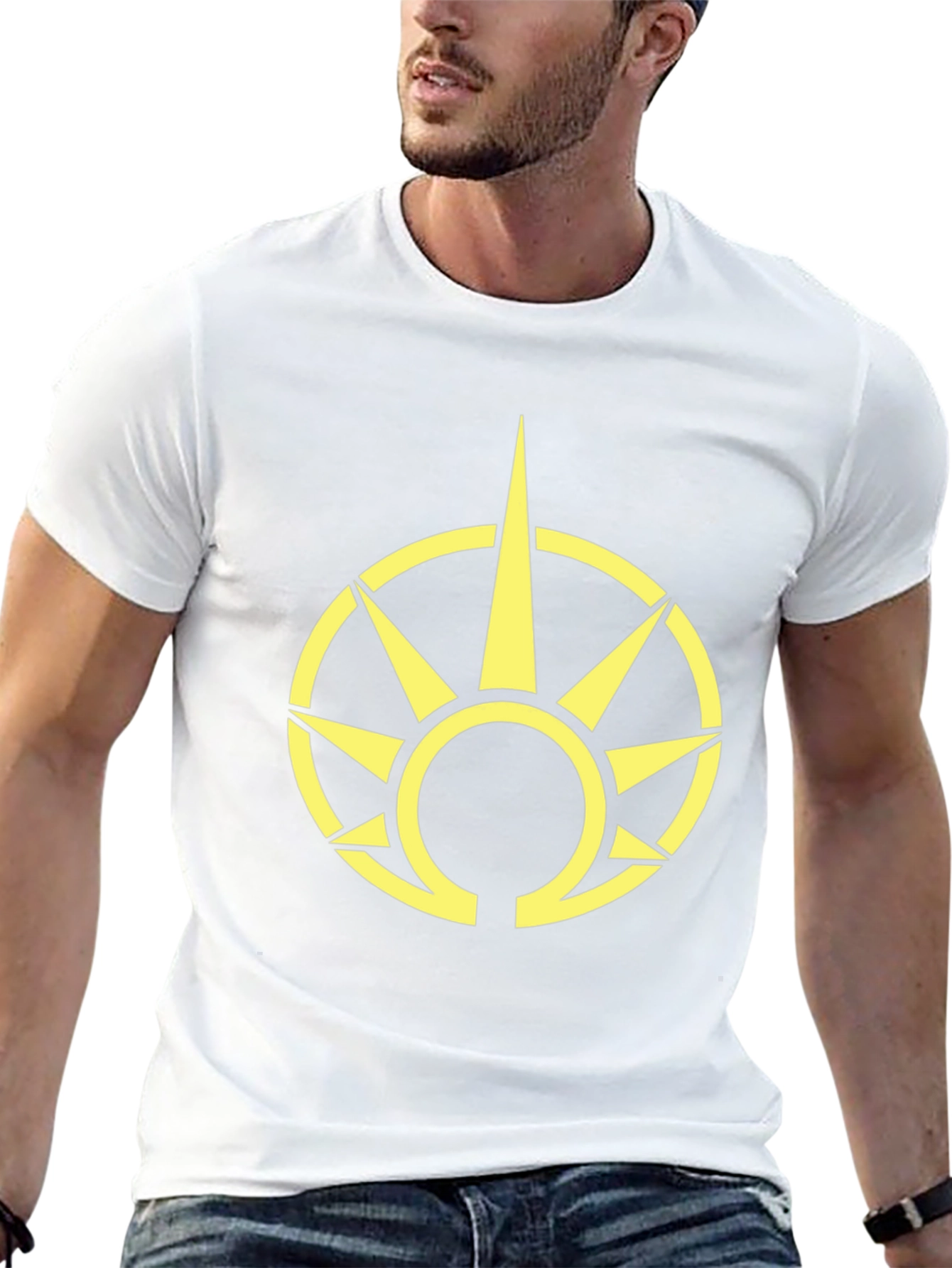 Black T-Shirt with Yellow Sun Symbol Graphic