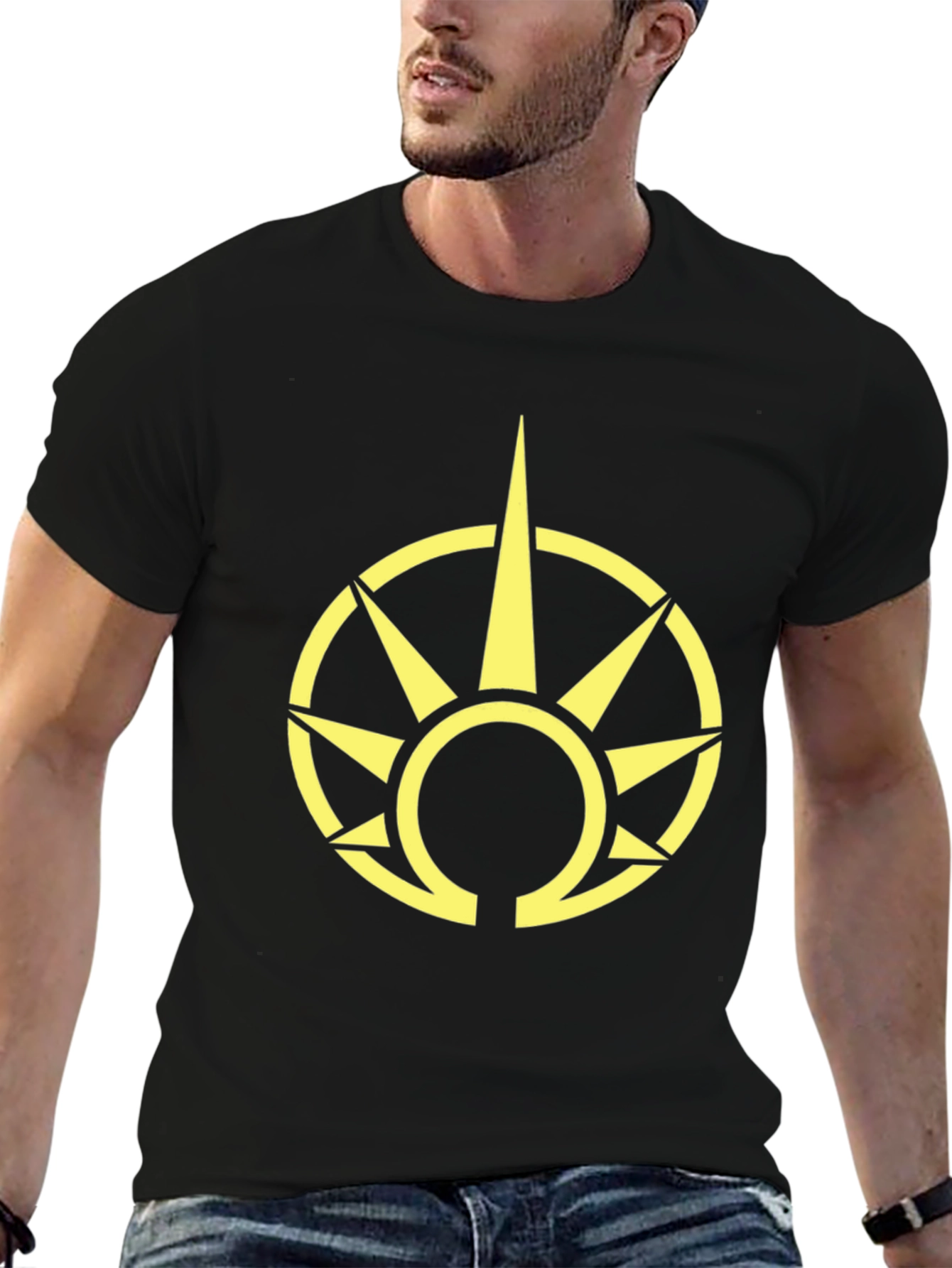 Black T-Shirt with Yellow Sun Symbol Graphic