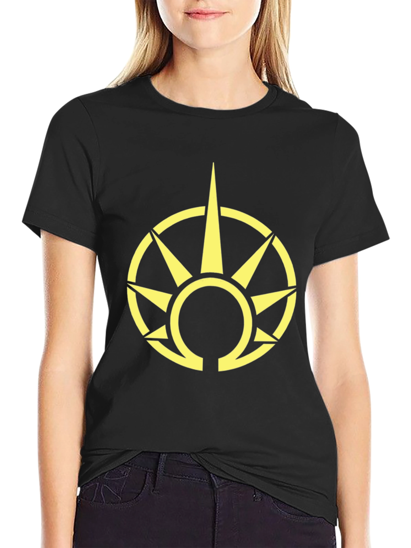 Black T-Shirt with Yellow Sun Symbol Graphic