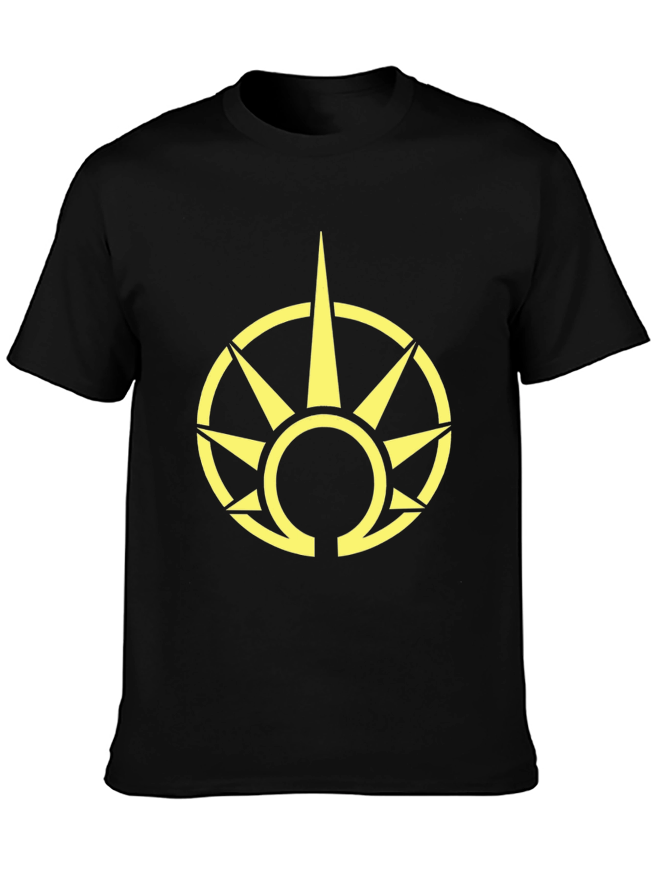Black T-Shirt with Yellow Sun Symbol Graphic