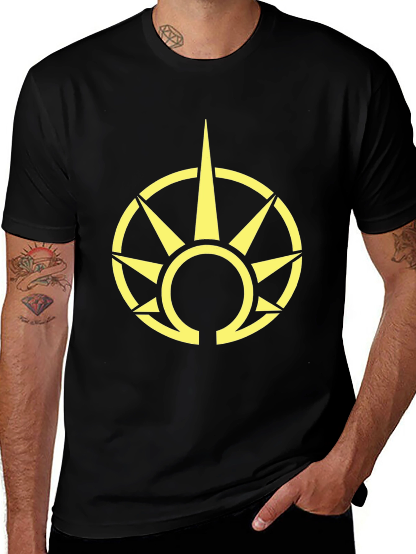 Black T-Shirt with Yellow Sun Symbol Graphic