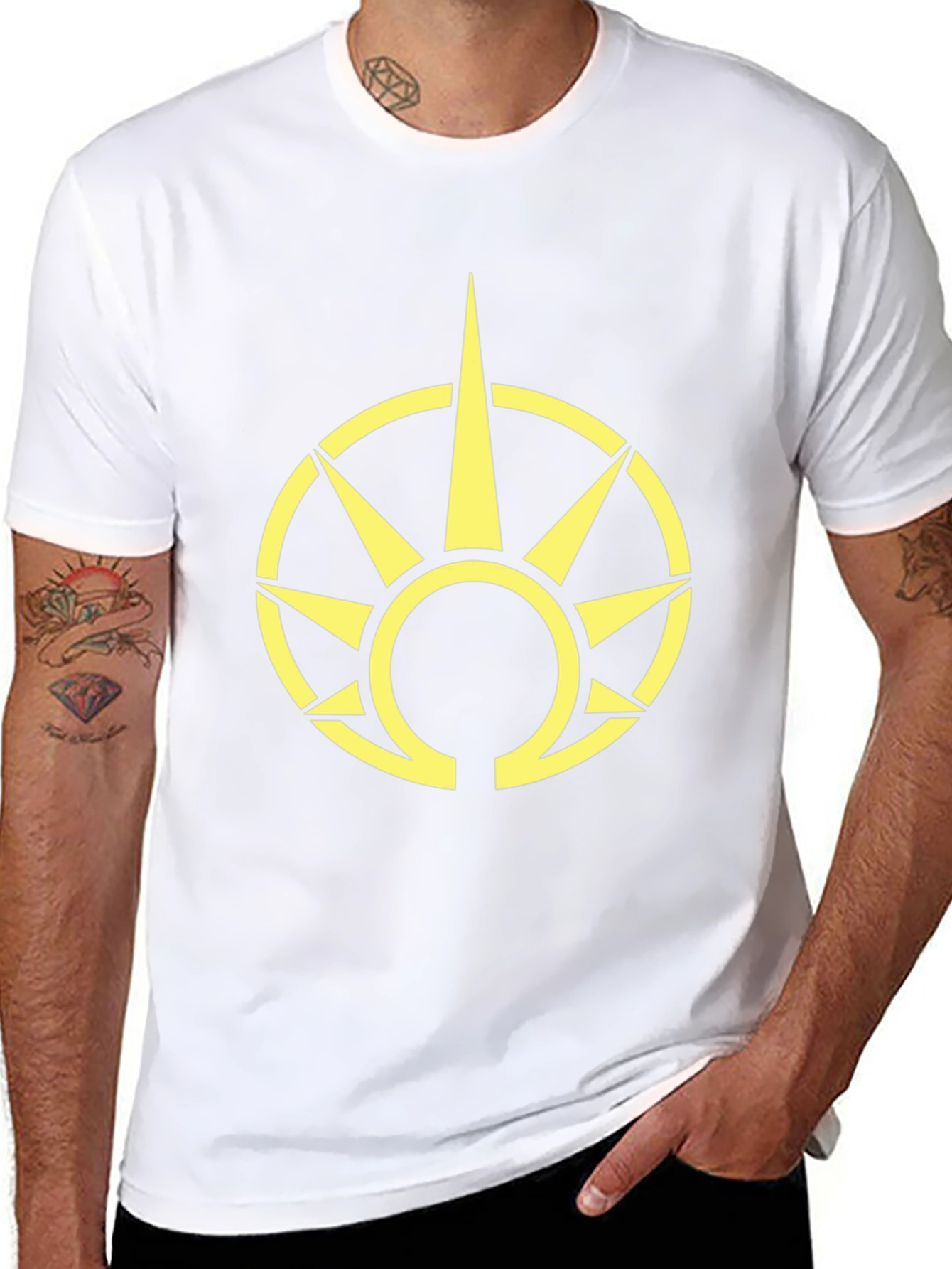 Black T-Shirt with Yellow Sun Symbol Graphic