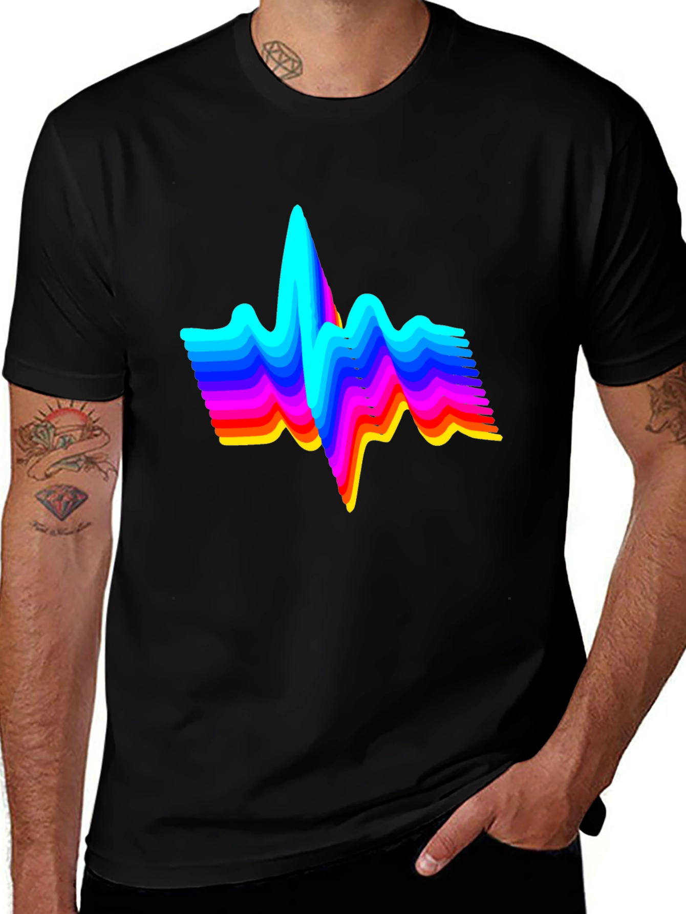 Rainbow Heartbeat Graphic Tee - Black Cotton T-Shirt