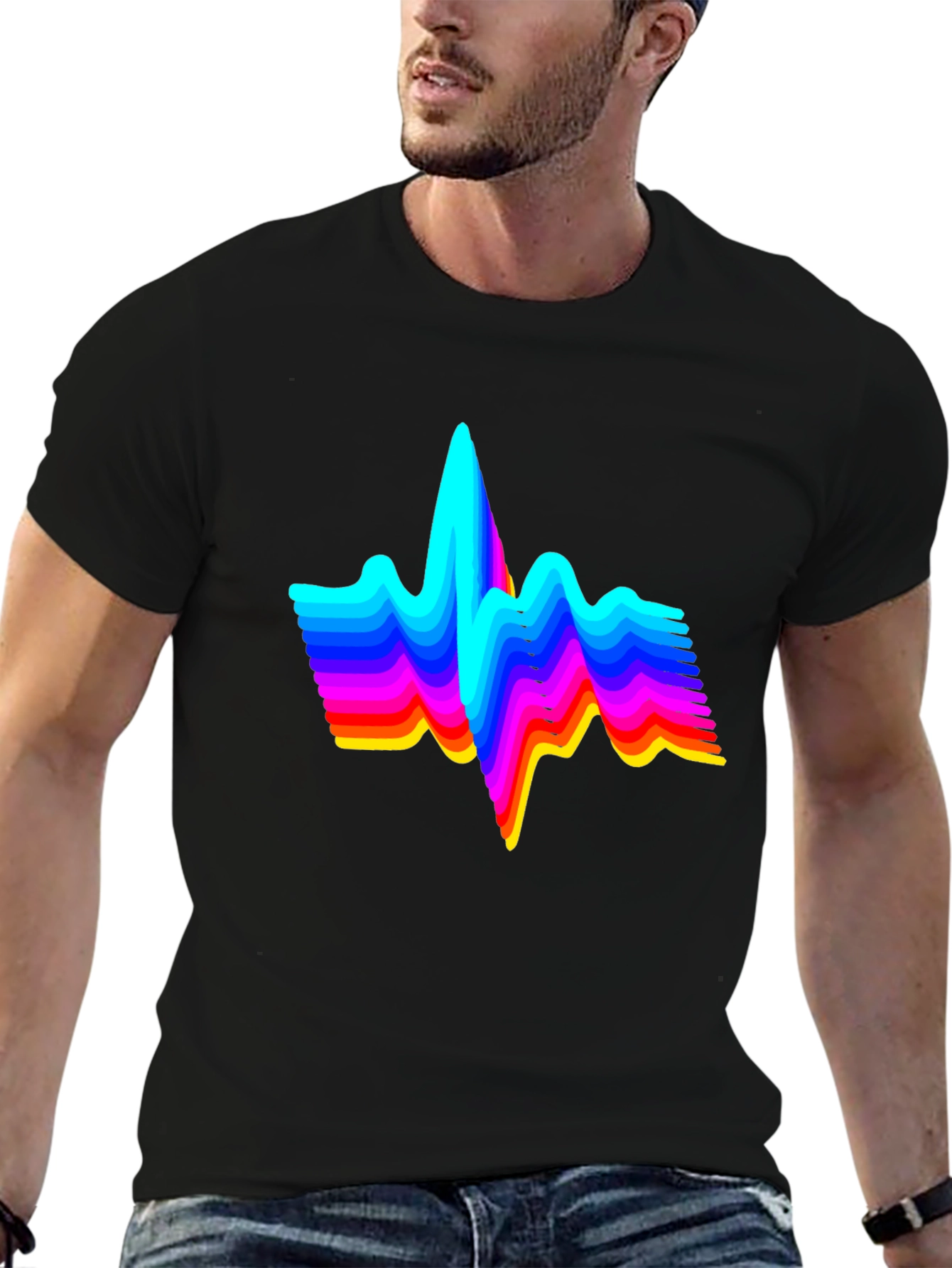 Rainbow Heartbeat Graphic Tee - Black Cotton T-Shirt