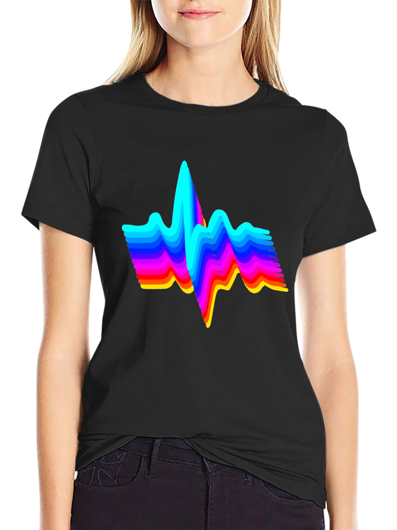 Rainbow Heartbeat Graphic Tee - Black Cotton T-Shirt